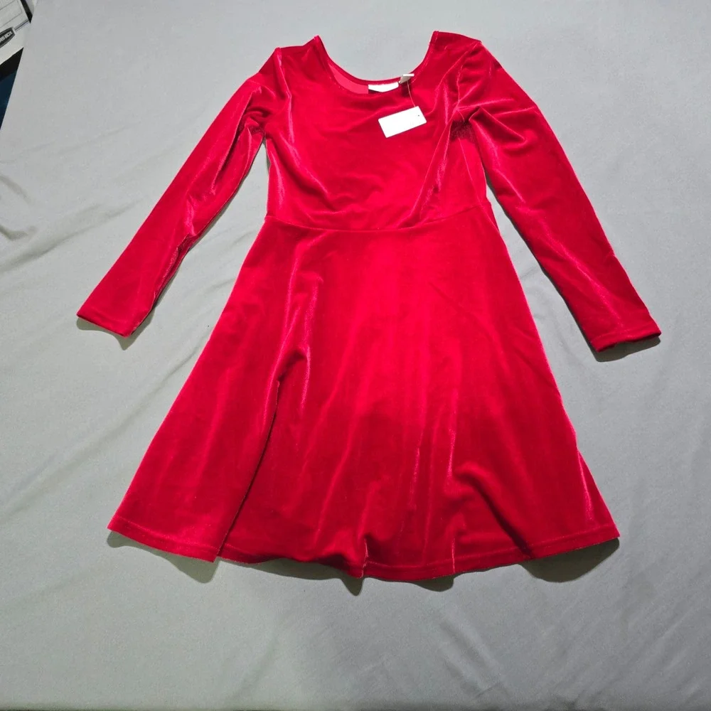 The Children's Place Velvet Skater Dress Girls L 10/12 Red Long Sleeve Festive